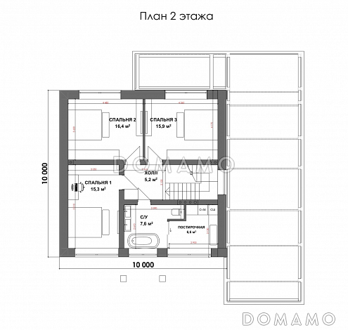 Проект двухэтажного дома с 3 спальнями, кабинетом и автонавесом / План 2 этажа