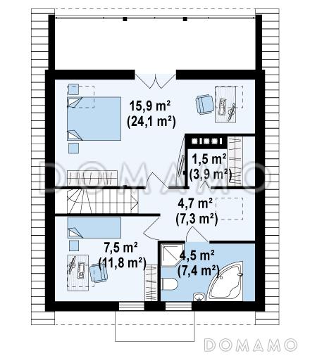Проект компактного одноэтажного мансардного дома из газобетона с двумя спальнями, кабинетом и двумя крытыми террасами / План мансардного этажа