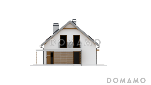 Проект одноэтажного мансардного дома из газобетона с кабинетом, открытой угловой террасой и гаражом  / Фасад 1
