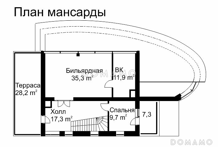 Проект современного дома из кирпича с панорамным остеклением / План мансардного этажа