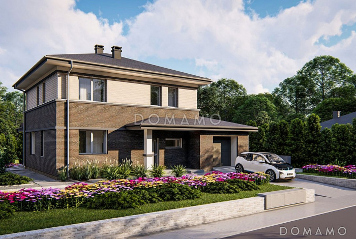 Проект дома с облицовкой первого этажа кирпичом, гаражом на одну машину, гостиной с выходом на террасу