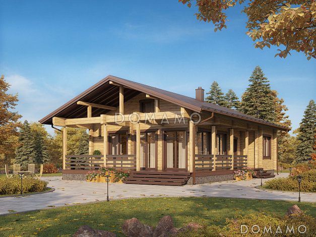 Проект дома из бруса с двумя спальнями и большой угловой террасой / План 1 этажа