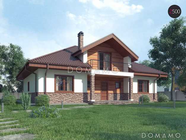 Проект одноэтажного дома из кирпича со спальней на мансарде и балконом и зоной барбекю на террасе