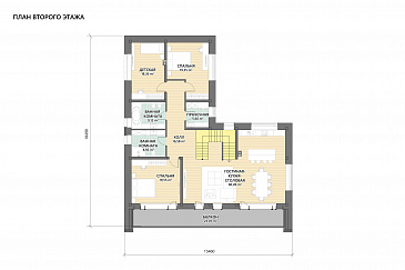 Проект двухэтажного кирпичного коттеджа с мастер-спальней, сауной и террасой барбекю / План 2 этажа