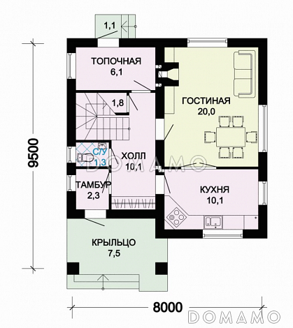 Проект дома из газобетона с многощипцовой крышей / План 1 этажа