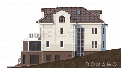 Проект семейного родового дома с террасой, балконами, кабинетами, спортивным залом, сауной / Фасад 3