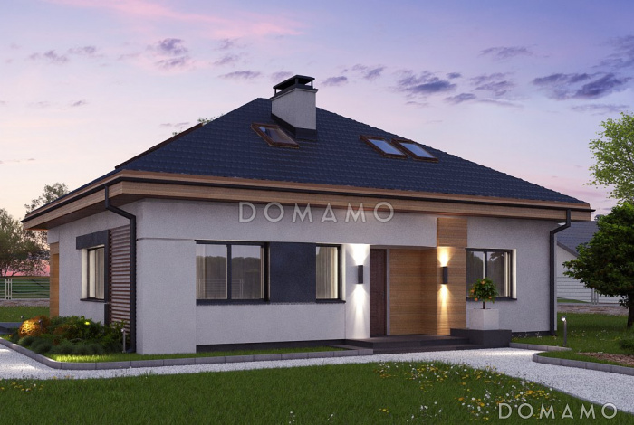 Проект одноэтажного дома из газобетона с тремя спальнями и небольшой крытой угловой террасой, с жилой мансардой