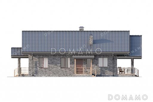 Проект выразительного одноэтажного дома с двухскатной крышей в разных уровнях, большой террасой и вторым светом / Фасад 3