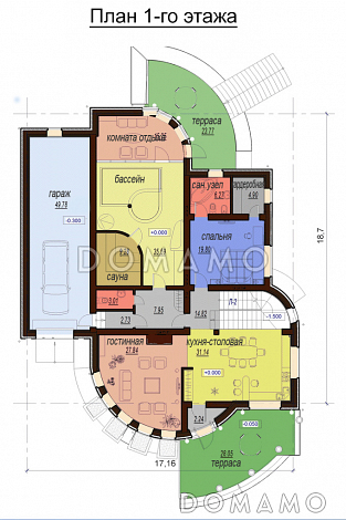 Проект одноэтажного дома с мансардным и цокольным этажами, с бассейном и зимним садом / План 1 этажа