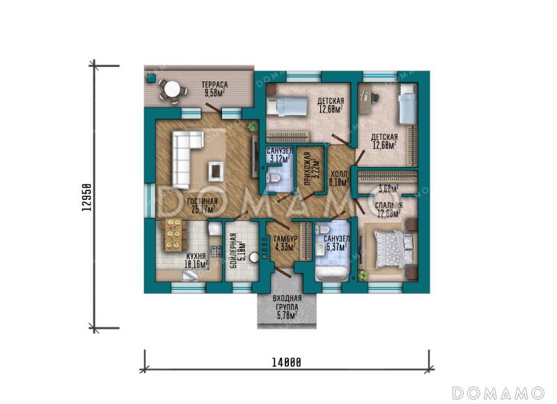Проект дома с тремя спальнями, окном в ванной комнате и террасой рядом с гостиной / План 1 этажа