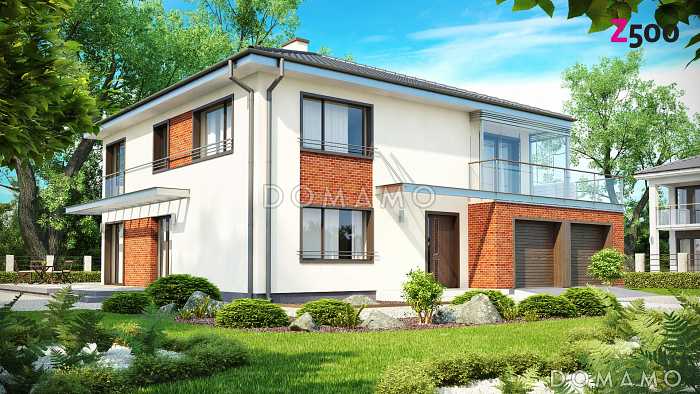 Проект просторного современного двухэтажного дома из газобетона, с пятью комнатами, гаражом и застеклённой террасой над ним