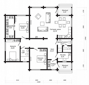 Проект одноэтажного дома из клееного бруса с просторной гардеробной и сауной / План 1 этажа