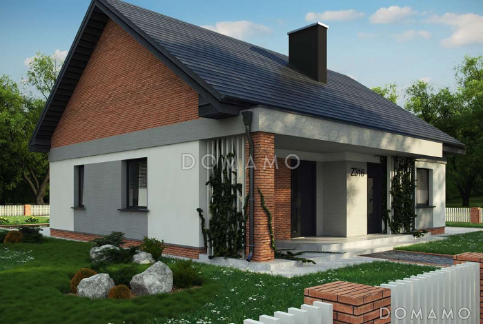 Проект простого уютного одноэтажного дома из кирпича с тремя спальнями и возможностью обустройства мансарды