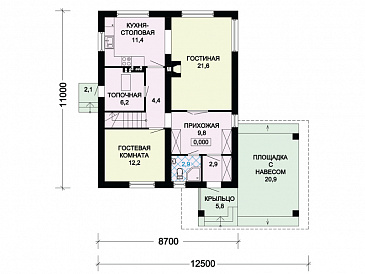 Проект загородного дома с мансардой и навесом для машины / План 1 этажа