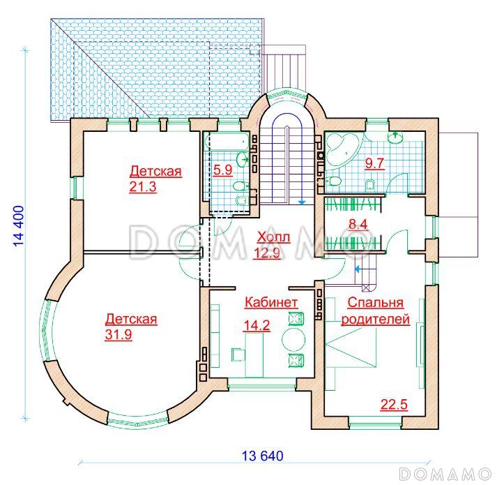 Проект коттеджа с круглой гостиной и гаражом / План 2 этажа