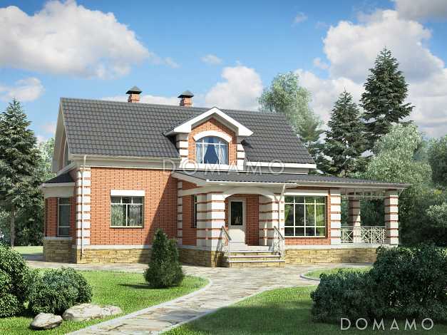 Проект современного дома из оранжевого кирпича с гаражом