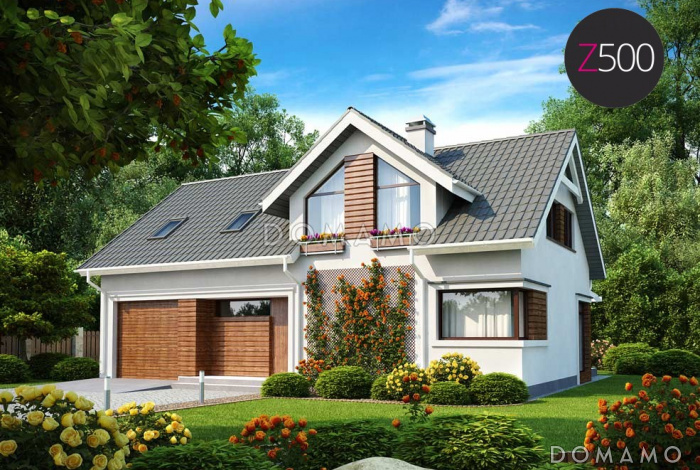 Проект одноэтажного мансардного дома из кирпича с встроенным гаражом