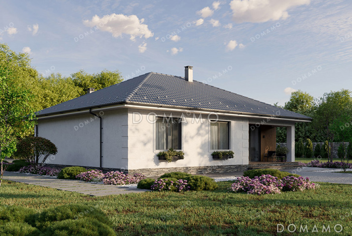 Проект квадратного одноэтажного дома с отделкой декоративной штукатуркой, террасой под общей вальмовой крышей и большой совмещенной кухней-гостиной