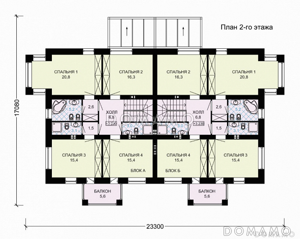 Проект двухэтажного дома для двух семей с зимним садом / План 2 этажа