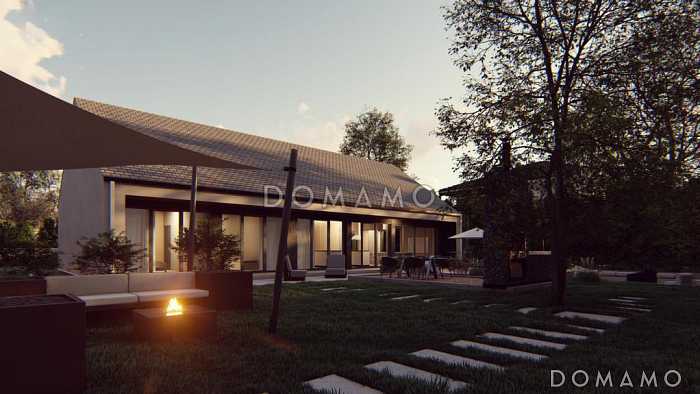 Проект одноэтажного дома простой формы с ванной с окном, кабинетом, просторными гостиной и кухней-столовой