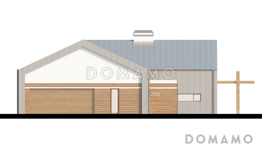 Проект углового одноэтажного дома из кирпича с облицовкой деревянной вагонкой и с гаражом на два автомобиля / Фасад 2