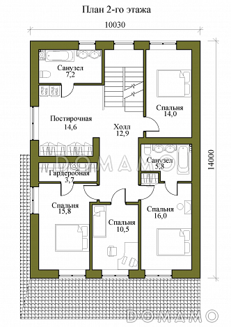 Проект трехэтажного газобетонного дома с пятью спальнями, холодным чердаком и подвалом / План 2 этажа