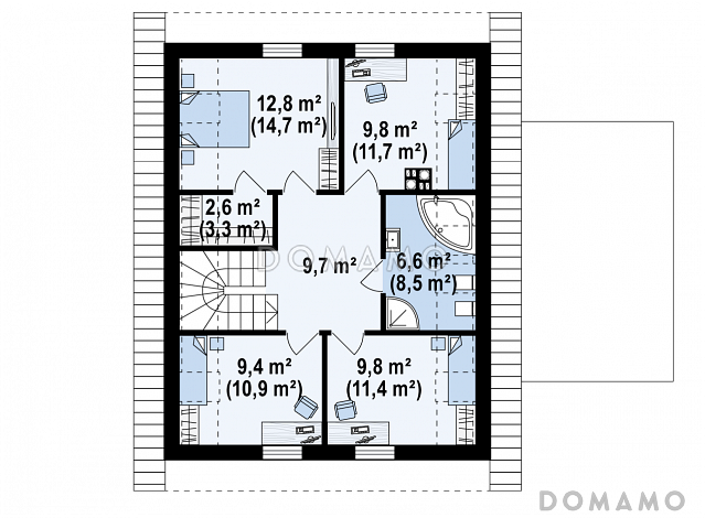 Проект комфортного одноэтажного мансардного дома из газобетона с изолированной кухней, большим гаражом и четырьмя спальнями / План мансардного этажа