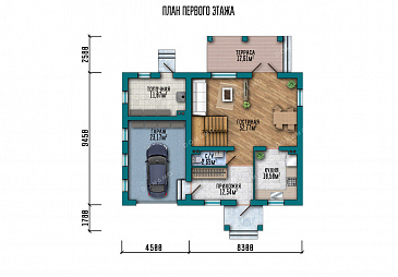 Проект дома с гаражом, тремя спальнями на мансарде и широким балконом / План 1 этажа