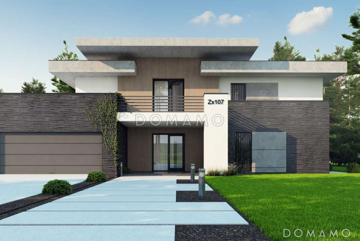 Проект современного просторного двухэтажного дома из кирпича с гаражом и просторными террасами на обоих уровнях