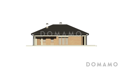 Проект одноэтажного дома из кирпича с дневной зоной в тыльной части дома и выходом на большую террасу и гаражом на один автомобиль / Фасад 2