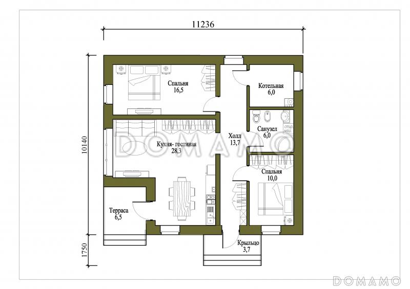 Проект небольшого одноэтажного дома с двумя спальнями и просторной кухней-гостиной / План 1 этажа
