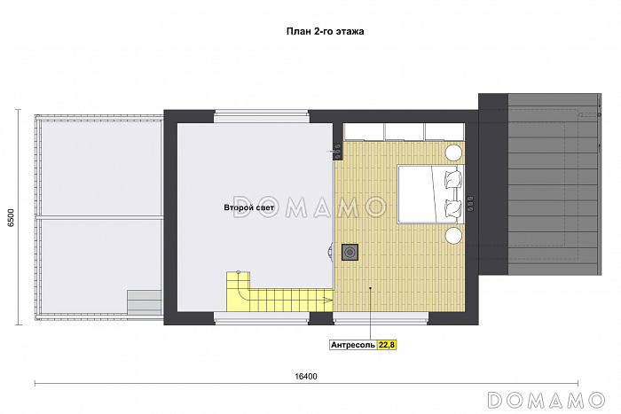 Проект бани с большой кухней-гостиной, террасой и комнатой на антресоли / План мансардного этажа