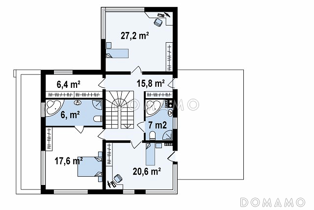 Проект современного двухэтажного дома из кирпича в стиле модерн, с террасой на втором уровне, с двухместным гаражом / План 2 этажа