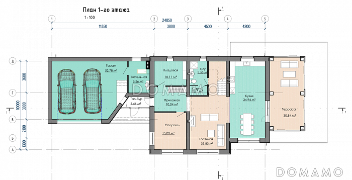 Проект дома с 3 спальнями, кабинетом, гаражом, сауной и спортзалом / План 1 этажа