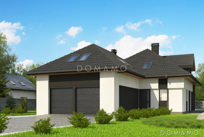 Проект комфортабельного дома с гаражом, постирочной, слуховыми и мансардными окнами в мансарде