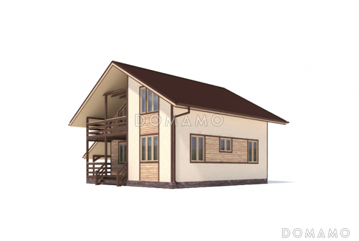 Проект двухэтажного дома из клееного бруса с внутренней одномаршевой лестницей с ограждением