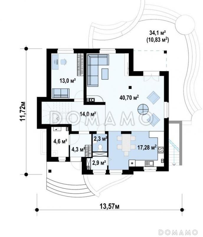 Проект загородного дома с подвалом, просторной гостиной и кухней, балконами, кабинетом / План 1 этажа