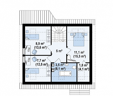 Проект уютного мансардного дома из газобетона с тремя спальнями и кабинетом / План мансардного этажа