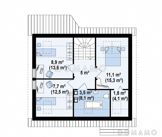 Проект уютного мансардного дома из газобетона с тремя спальнями и кабинетом / План мансардного этажа