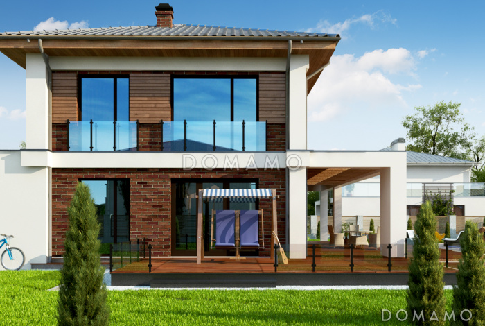 Проект современного двухэтажного дома из газобетона с четырьмя комнатами и уютной частично крытой террасой