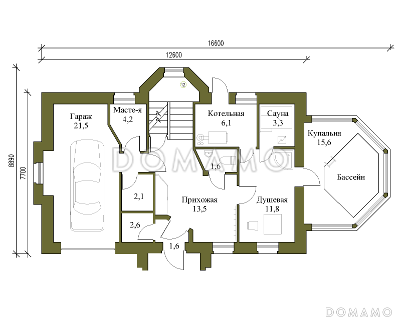Проект коттеджа с бассейном и гаражом / План 1 этажа