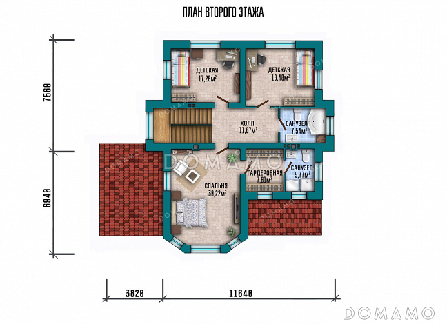 Проект двухэтажного дома с просторной террасой / План 2 этажа