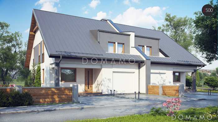 Проект мансардных домов-близнецов из газобетона с гаражом и слуховым окном