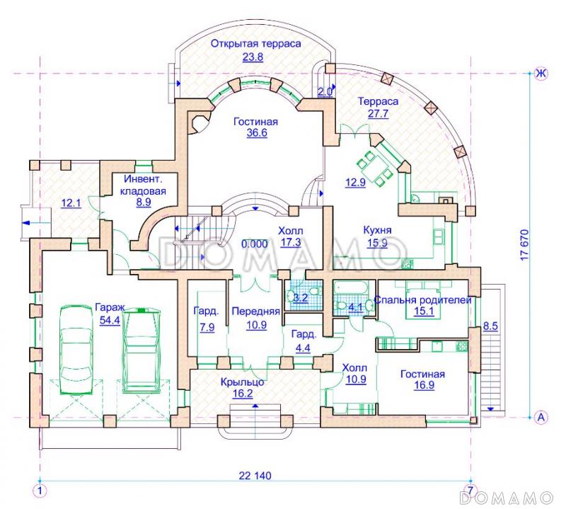 Проект коттеджа в стиле модерн с гаражом на 2 а/м и сауной / План 1 этажа