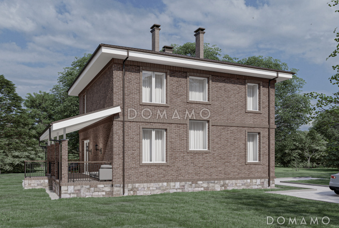 Проект двухэтажного дома с просторными террасой и гостиной-столовой