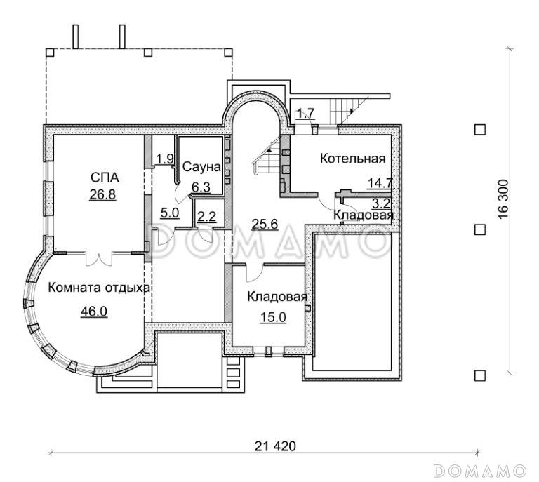 Проект коттеджа с круглой гостиной, гаражом и навесом / План цокольного этажа