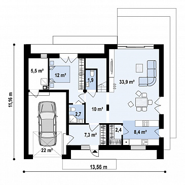 Проект традиционного загородного дома с мансардой, гаражом на одну машину, кладовой на кухне / План 1 этажа