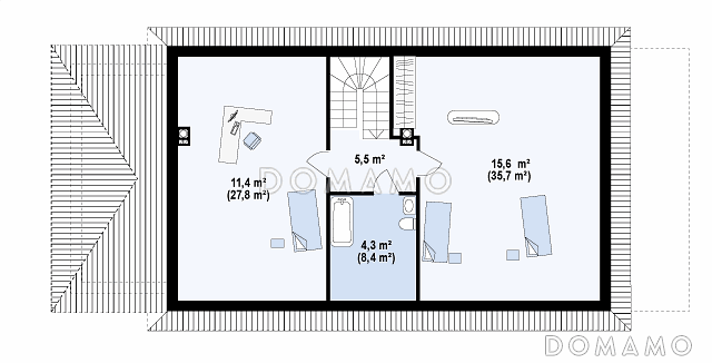 Проект просторного мансардного дома из газобетона со спальней на первом этаже и с двумя на втором / План мансардного этажа