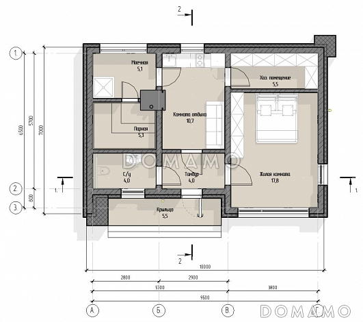 Проект современной бани с жилой комнатой и хозблоком / План 1 этажа