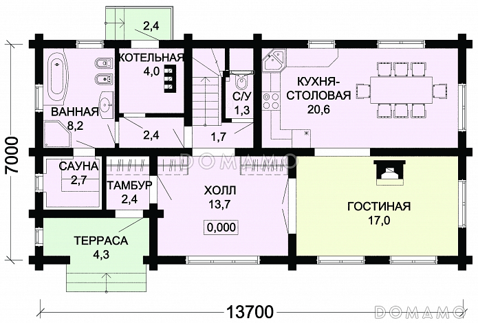 Проект деревянного дома с отдельным входом в котельную / План 1 этажа
